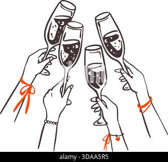 Handgezeichnete Buntstifte kritzelten Menschenmenge, die sich mit Sektgläsern und Festjubeln die Hände erhebt. Happy New Year, Geburtstag, Junggeselle, Stock Vektor