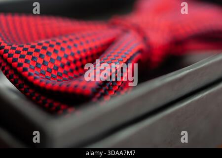 Rot Karierte Schleife In Geschenkbox, Elegante Mode Accessoire Krawatte Für Formelles Hochzeitsoutfit Oder Styling Für Besondere Anlässe Stockfoto