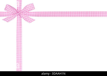 Rosafarbenes und weißes Karomuster, das in der Ecke überkreuzt wird, Schleife isoliert auf weißem Hintergrund, Beschneidungspfad enthalten Stockfoto