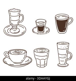 Handgezeichnetes Kaffee-Getränke-Doodle-Set. Umreißen Sie die Vektorillustration für Café- und Barista-Designs Stock Vektor