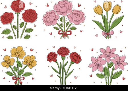 Bunte Blumensträuße mit schwarzen Konturen. Vektor-Set mit Lilien, Pfingstrosen, Tulpen, Orchideen, Rosen und Nelken. Knospen mit Blättern, Cliparts mit Stock Vektor