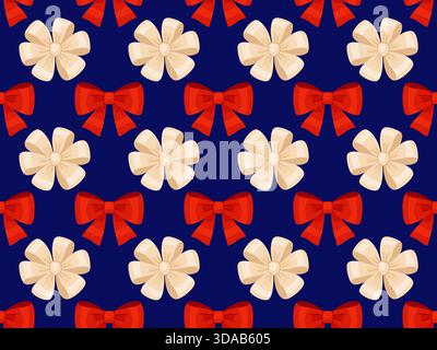 Nahtloses Muster mit Geschenkschleifen auf blauem Hintergrund. Flacher Stil, fröhlicher Urlaubslook. Perfekt für Weihnachtsverpackungen, saisonale Verpackungen, Textildrucke, Grußkarten und dekorative Wintermotive. Stock Vektor