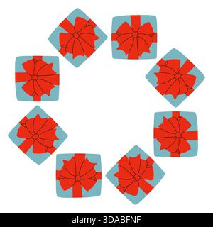 Vektor-Illustration eines runden Rahmens aus roten und blauen Geschenkboxen, die mit Bändern gebunden sind. Ein festlicher Weihnachtsrand, perfekt für Weihnachtskarten Stock Vektor