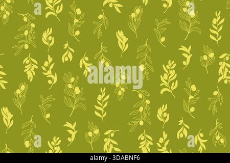 Olivenzweige mit nahtlosem Muster der Blätter der Oliven. Handgezeichnetes botanisches elegantes, grenzenloses Ornament. Vektor-Illustration endloses Design perfekt für Papierdruck, Textil, Verpackung Hintergrund Vorlage Stock Vektor
