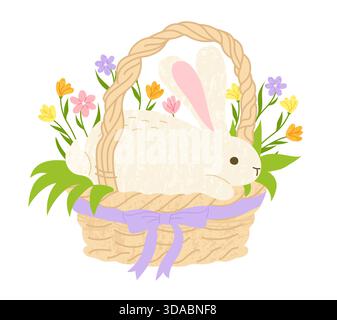 Osterkaninchen in einem Korb mit Blumen Vektor Illustration. Happy Easter süßer Hase oder Hase für Karte, Postkarte, Einladung, Poster. Comic-Comic-Konzept für niedliche Tiersymbole Stock Vektor