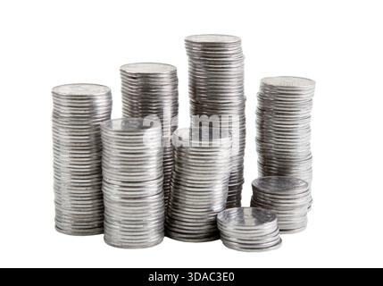 Münzstapel isoliert auf weiß Stockfoto