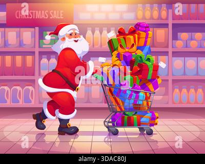 Cartoon Santa mit Einkaufswagen, Weihnachtsverkauf Stock Vektor