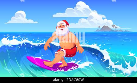Im Sommer surfen Santa mit Surfbrett am Strand Stock Vektor