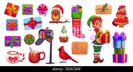 Weihnachtsdekoration, Geschenke, Elf mit Geschenkbox Stock Vektor