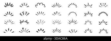 Die handgezeichnete Liniengrafik strotzt vor überraschenden Strahlen und Funkeln. Die handgezeichneten Starburst-Ikonen leuchten hell. Überraschende Formen für Comic-Effekte, Manga-Spritzer und Zeichentrickdekorationen. Vektorabbildung Stock Vektor
