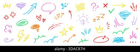 Cartoon Kreide Star, Comic-Ausdruckselemente. Handgezeichnet niedliche Doodle-Linie Bewegungspfeil, Betonung, wütende Emotion, funkelnde Bewegung. Zeichentrickfilm-Emoticon-Symbol für Buntstifte. Vektorabbildung Stock Vektor