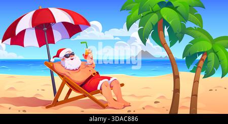 Santa Claus sonnt sich am tropischen Strand Stock Vektor