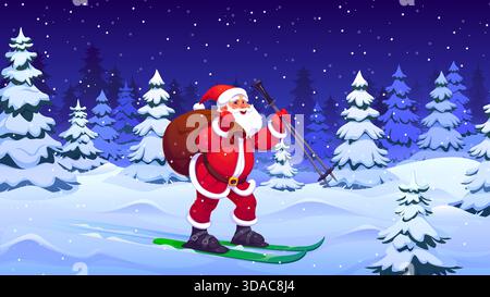 Cartoon Santa fährt zu Weihnachten mit Sack Ski Stock Vektor