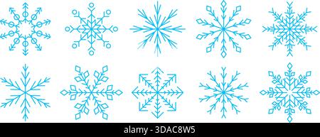 Blaues lineares Schneeflocken-Set. Einfache Schneeflocken-Icon-Kollektion für Weihnachten und Happy New Year Dekor, Winterfestdekoration, Grußkarten-Design-Elemente. Vektorillustrationsbündel Stock Vektor