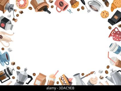 Rechteckiger Kaffee, Rahmen, Kopierraum, horizontale Vorlage. Handgezeichnetes Cartoon-Design mit verschiedenen Kaffee-Themen-Objekten. Vektorabbildung Stock Vektor