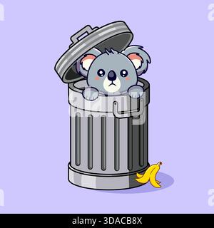Trauriger Koala, der aus einem Mülleimer blickt Vektor Illustration Cartoon Design Kawaii Stock Vektor