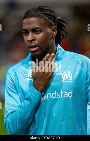 Brüssel, Belgien Dezember 2025. Darryl Bakola aus Marseille während des Spiels der UEFA Champions League 2025/26 Phase MD6 zwischen Union SG und Olympique Marseille im RSC Anderlecht Stadium in Brüssel, Belgien am 9. Dezember 2025 (Foto: Andrew SURMA/ Credit: SIPA USA/Alamy Live News Stockfoto