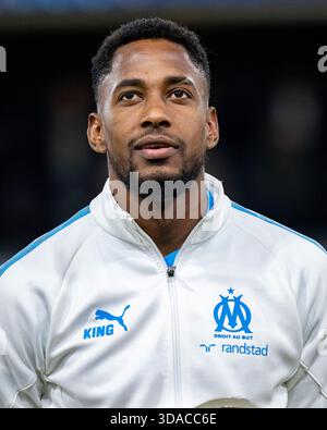 Brüssel, Belgien Dezember 2025. Michael Murillo aus Marseille während des MD6-Spiels der UEFA Champions League 2025/26 League zwischen Union SG und Olympique Marseille im RSC Anderlecht Stadium in Brüssel, Belgien am 9. Dezember 2025 (Foto: Andrew SURMA/ Credit: SIPA USA/Alamy Live News Stockfoto