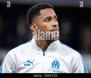 Brüssel, Belgien Dezember 2025. Michael Murillo aus Marseille während des MD6-Spiels der UEFA Champions League 2025/26 League zwischen Union SG und Olympique Marseille im RSC Anderlecht Stadium in Brüssel, Belgien am 9. Dezember 2025 (Foto: Andrew SURMA/ Credit: SIPA USA/Alamy Live News Stockfoto