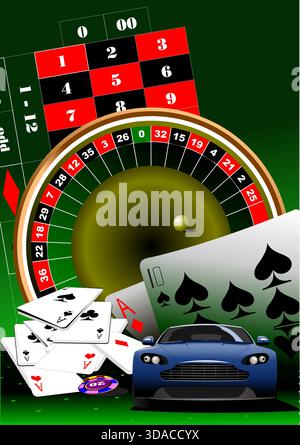 Illustration mit Casino-Spielen wie Poker, Roulette und einem blauen Sportwagen, der Gewinne symbolisiert. Handgezeichnete Abbildung Stock Vektor