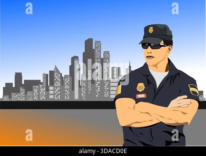 Der Polizist steht mit gefalteten Armen vor einer Skyline der Stadt. Handgezeichnete Abbildung Stock Vektor