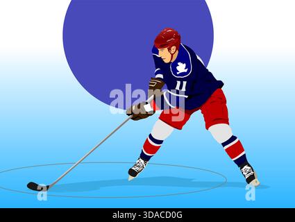 Hockeyspieler in blauem und rotem Trikot laufen und kontrollieren Puck auf der Eisbahn. Handgezeichnete Abbildung Stock Vektor