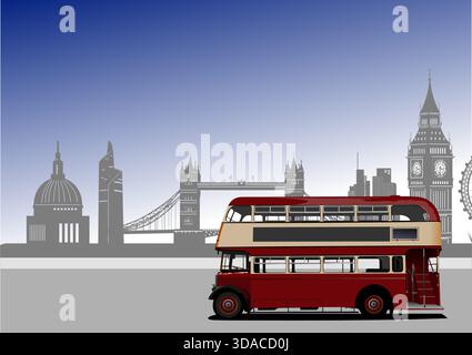 Der rote Doppeldeckerbus fährt auf den Betrachter zu, mit der londoner Skyline im Hintergrund. Handgezeichnete Abbildung Stock Vektor