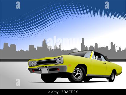 Klassischer gelber amerikanischer Muscle Car, der in der Stadt fährt. Handgezeichnete Abbildung Stock Vektor