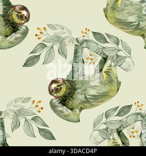 Nahtloses Aquarellmuster mit Faultierporträts und tropischen Zweigen, handgemalten botanischen Tiermotiven, Regenwald-Design für Textilien und Stockfoto