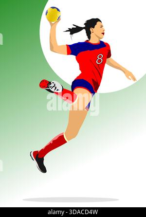 Handballspielerin in Uniform springt und wirft einen Handball. Handgezeichnete Abbildung Stock Vektor