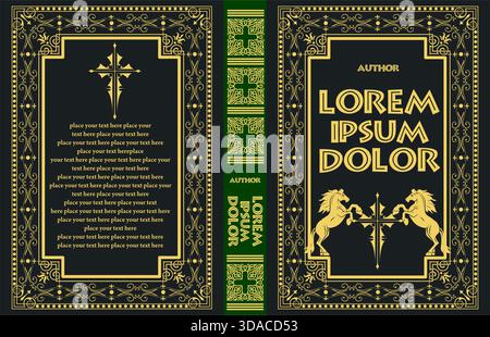 Elegante Buchumschlagschablone mit kunstvollen Rahmen, Pferden und einem Kreuz, perfekt für Fantasy- oder historische Romane. Handgezeichnete Abbildung Stock Vektor