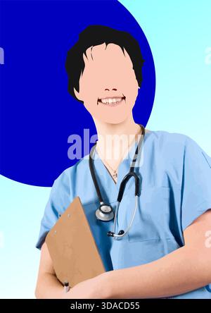 Illustration einer lächelnden jungen Ärztin in blauem Gewand mit Klemmbrett. Handgezeichnete Abbildung Stock Vektor