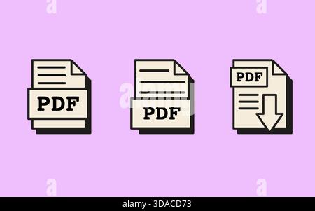 Symbole für PDF-Dokumentdateien mit Download-Symbol im Retro-Vaporwave-Stil. Symbole im tragbaren Dokumentformat für Archivierung, Dateiverwaltung und digitale Dokumente Stock Vektor