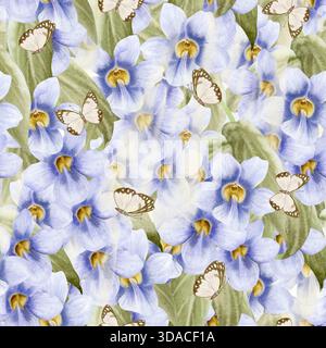 Pastelllila Kletterblumen mit nahtlosem Schmetterlingsmuster. Frühlingsgarten Thunbergia Violetblüte Pflanze von Hand gezeichnet wiederholen Stockfoto