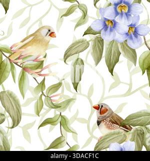 Garten-Singvögel auf Hecke nahtloses Muster auf weiß mit pastelllila Blumen und grünen Zweigen. Realistische finkenvögel und Blüte Stockfoto