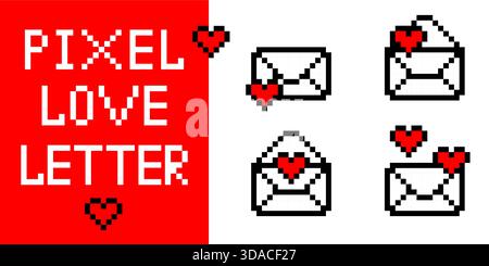 Pixel Love Letter Umschlag mit rotem Herz-Symbol im Retro-Videospiel-Art-Stil, der digitale Valentinskünstler für 8-Bit-Grafikvektor erstellt Stock Vektor