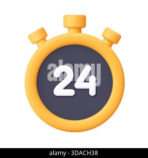 Gelbe und schwarze Stoppuhr mit weißer Nummer 24. 24 Stunden, Countdown, Zeiterfassung, Lieferung, Kundendienst, Zeitmanagement und Terminkonzept. 3 Stock Vektor