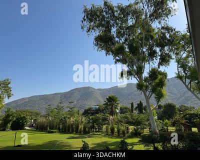 Blick auf die Hügel der Aravalli Range von einem Resort in Pushkar, Rajasthan Stockfoto