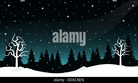 Silhouette Des Kiefernwaldes In Der Winternacht Mit Glitzerndem Schneeflocken-Regen-Hintergrund Stock Vektor