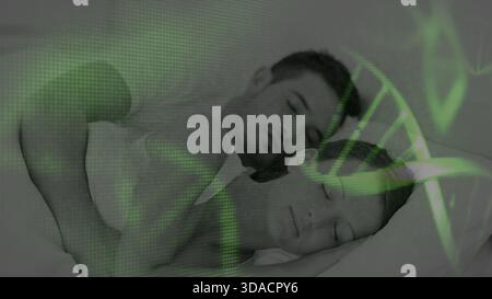Das Paar löffelt im Bett mit DNA-Helix und Datenströmen in flachem Gesundheitstechnikdesign Stockfoto