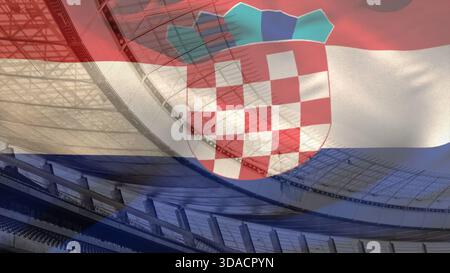 Kroatische Flagge über dem flachen Design des Stadions mit Stahltraversen und Sitzplätzen für Sport Stockfoto