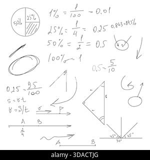 Mathematische Formeln für Schulen, Dreiecke und Kreise, Schwarzweiß-Skizze. Vektorabbildung. Trigonometrische und algebraische Gleichungen, Linien und Pfeile isol Stock Vektor