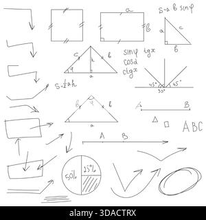 Mathematikfiguren und Kreise, Schwarzweiß-Skizze. Vektorabbildung. Trigonometrische und algebraische Gleichungen, Formeln und Pfeile, die auf einem isoliert sind Stock Vektor