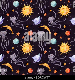 Ein nahtloses Muster mit Planeten, Sternen und Katzen auf einem dunkelvioletten Hintergrund. Dieses Aquarellmuster kann für Kinder und holi verwendet werden Stockfoto