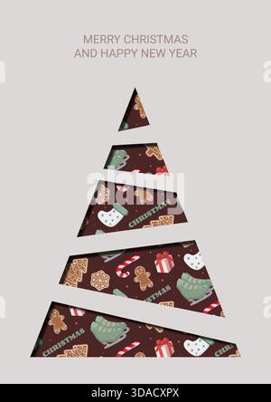 Weihnachtsgrußkarte mit frohen Weihnachten und Happy New Year und stilisierter Baum aus Dreiecksegmenten gefüllt mit festlichen Ikonen Lebkuchenmenschen Stock Vektor