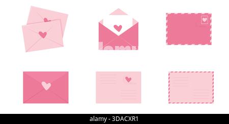 Umschlagset, Liebesbriefe mit Herzen, süße rosa romantische Post mit Stempel, Luftpost, Postkarte. Dekorationselemente für Hochzeit und Valentinstag. Vektorabbildung Stock Vektor