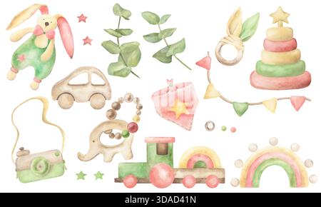 Umweltfreundliches Spielzeug für Babys aus Holz und Baumwolle. Aquarellillustration ist handgezeichnet in einem niedlichen kindlichen Stil. Für Textildesign Stockfoto