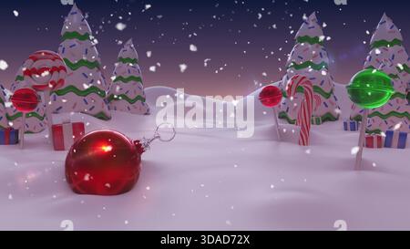 Flaches Design mit süßem Wintermotiv mit glänzend rotem Ornament und Geschenkboxen für Weihnachtsmarketing Stockfoto