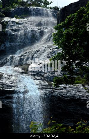 Malerischer Wasserfall, der über dunkle Felsen stürzt und von üppigem Grün umgeben ist, fängt die Schönheit der unberührten Natur und einer friedlichen Waldlandschaft ein Stockfoto