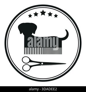 Tierhaarschnitt-Emblem-Illustration. Hund mit Kamm und Schere im Kreis Stock Vektor